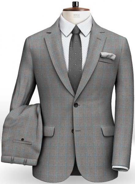Gray Blue Windowpane Flannel Wool Suit