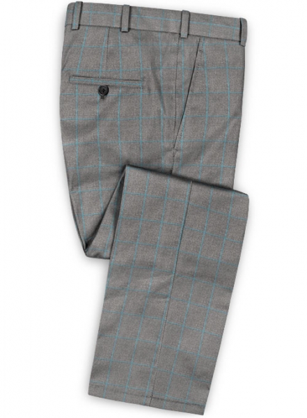 Gray Blue Windowpane Flannel Wool Pants