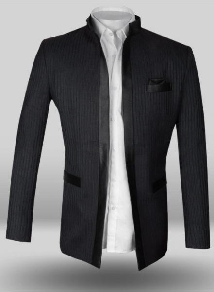 Trossi Charcoal Pure Wool Nehru Tuxedo Jacket