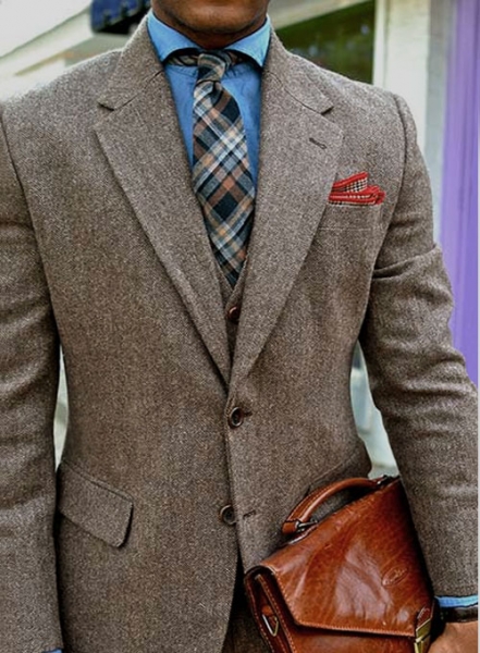 Vintage Dark Brown Herringbone Tweed Suit