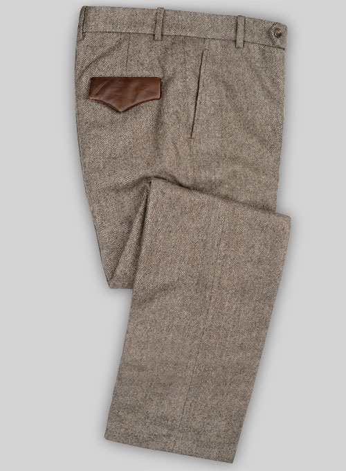 Vintage Dark Brown Herringbone Tweed Pants - Leather Trims - Click Image to Close