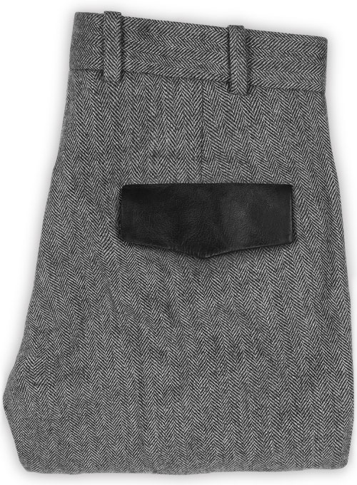 Vintage Herringbone Gray Tweed Pants - Leather Trims - Click Image to Close
