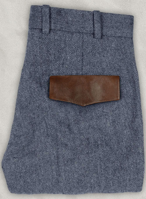 Vintage  Herringbone Blue Tweed Pants - Leather Trims