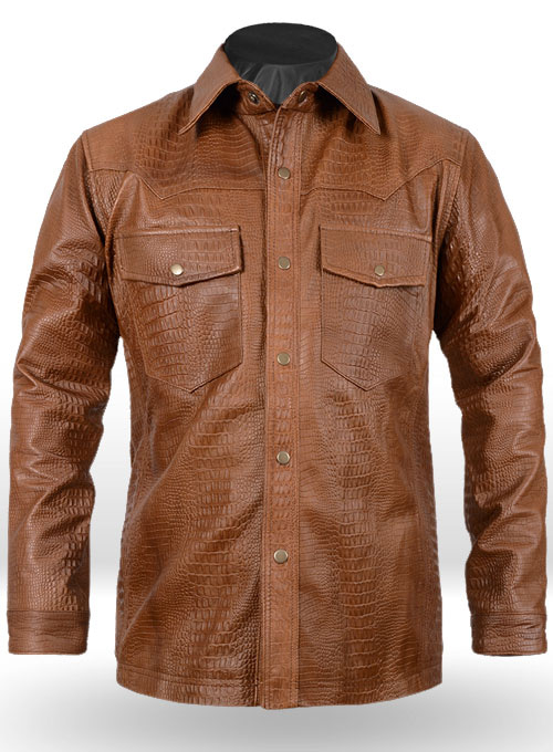 Crocodile Brown V Tab Leather Shirt Jacket