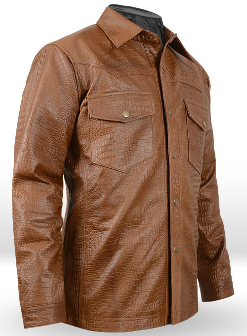 Crocodile Brown V Tab Leather Shirt Jacket - Click Image to Close