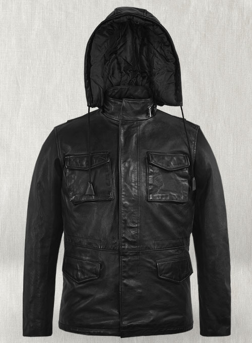 Black Military M-65 Hood Leather Jacket