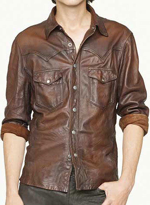 V Tab Leather Shirt Jacket - Click Image to Close