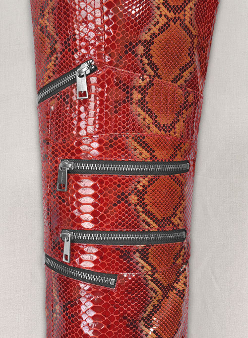 Bold Red Python Electric Zipper Mono Leather Pants