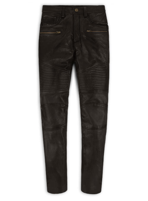 Soft Dark Brown Leather Biker Jeans #512