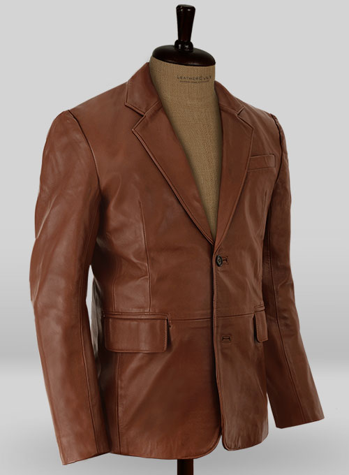 Tan Brown Leather Blazer - Click Image to Close