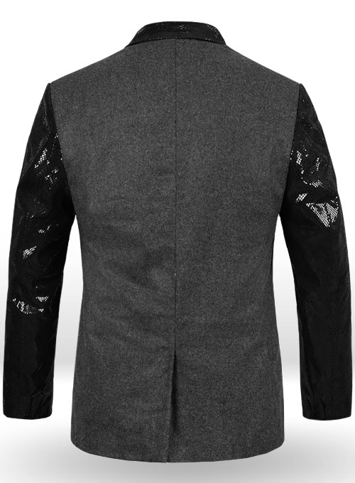 Vintage Plain Dark Gray Tweed Leather Combo Blazer # 652 - Click Image to Close