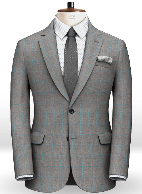 Gray Blue Windowpane Flannel Wool Suit