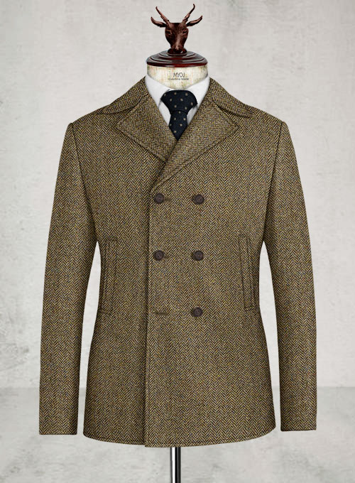 Harris Tweed Hebridean Brown Herringbone Pea Coat