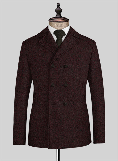 Light Weight Melange Wine Tweed Pea Coat