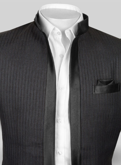 Trossi Charcoal Pure Wool Nehru Tuxedo Jacket