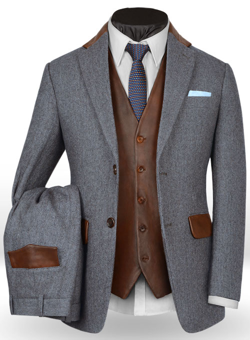 Vintage Herringbone Blue Tweed Suit - Leather Trims - Click Image to Close