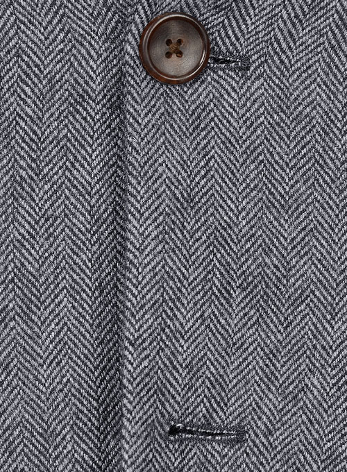 Vintage Herringbone Blue Tweed Jacket - Leather Trims - Click Image to Close