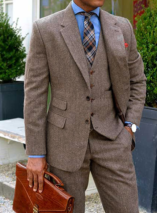 Vintage Dark Brown Herringbone Tweed Suit - Click Image to Close
