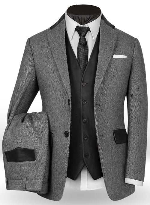 Vintage Herringbone Gray Tweed Suit - Leather Trims - Click Image to Close