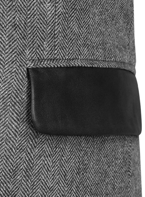 Vintage Herringbone Gray Tweed Jacket - Leather Trims - Click Image to Close