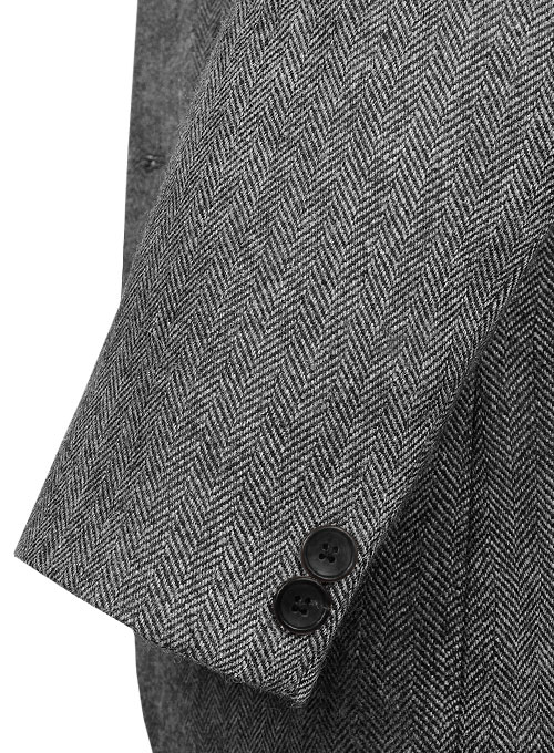 Vintage Herringbone Gray Tweed Jacket - Leather Trims - Click Image to Close