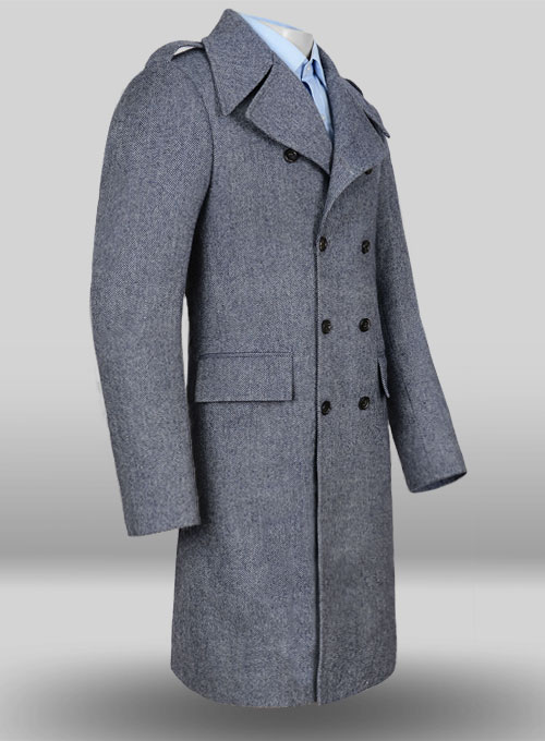 Vintage Herringbone Blue Tweed GQ Trench Coat - Click Image to Close