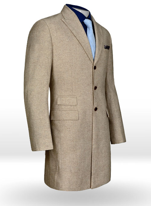 Vintage Herringbone Light Beige Tweed Long Coat