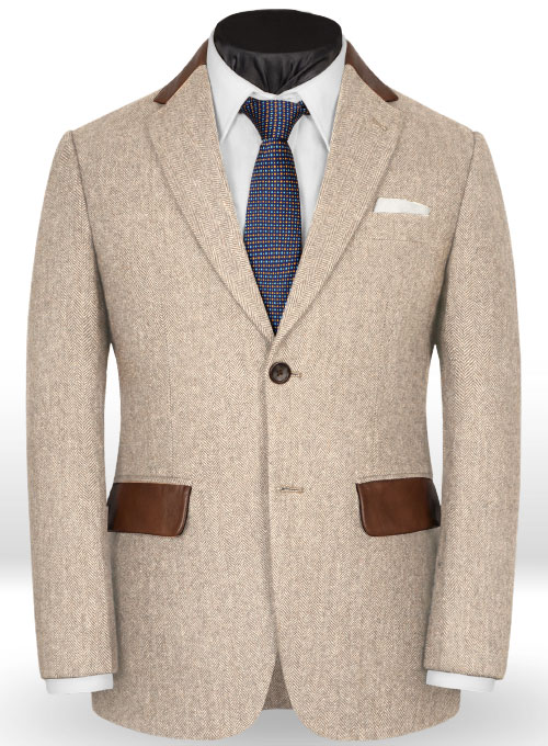 Vintage Herringbone Light Beige Tweed Suit - Leather Trims - Click Image to Close