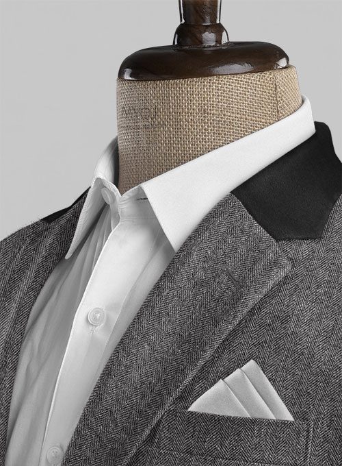 Vintage Herringbone Gray Tweed Jacket - Leather Trims