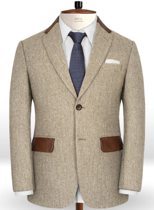 Vintage Herringbone Light Beige Tweed Jacket - Leather Trims