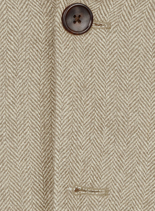 Vintage Herringbone Light Beige Tweed Jacket - Leather Trims