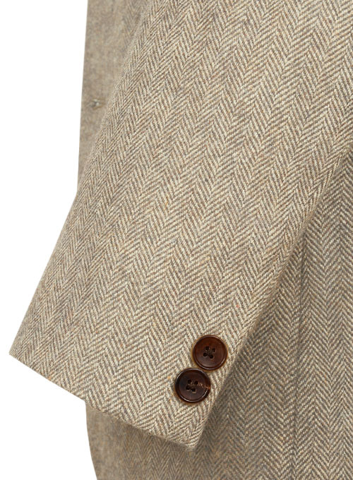 Vintage Herringbone Light Beige Tweed Jacket - Leather Trims