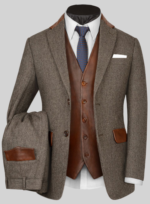 Vintage Dark Brown Herringbone Tweed Suit - Leather Trims