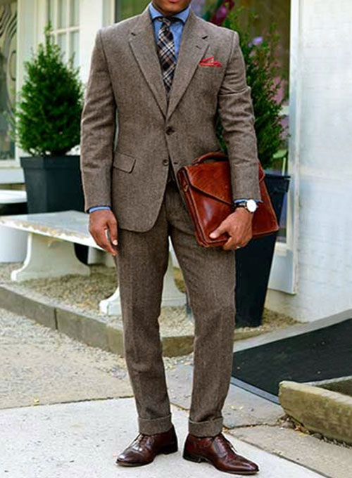 Vintage Dark Brown Herringbone Tweed Suit