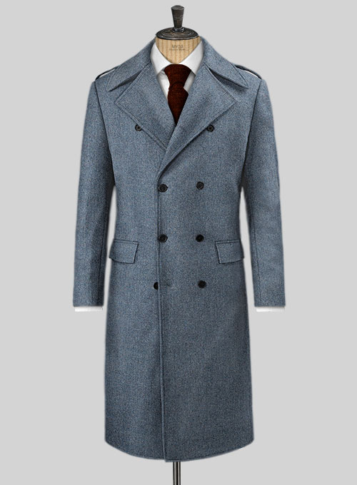 Vintage Herringbone Blue Tweed GQ Trench Coat - Click Image to Close