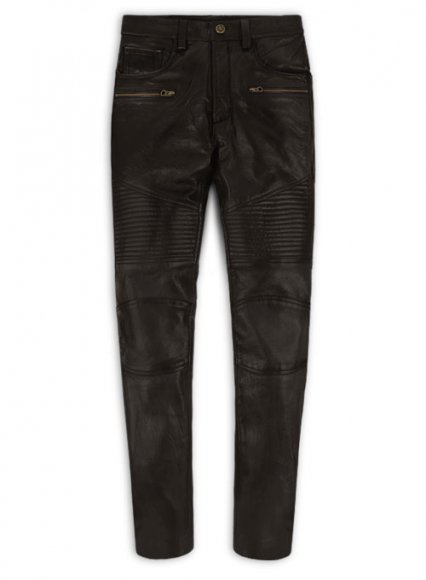 Soft Dark Brown Leather Biker Jeans #512