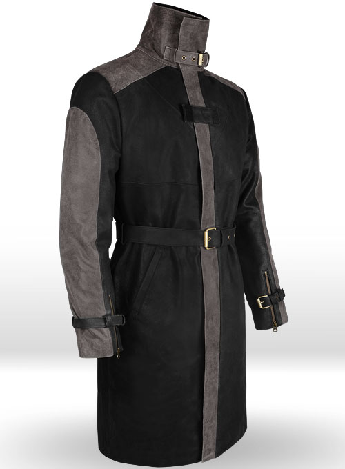 (image for) Distressed Black Aiden Pearce Watch Dog Leather Trench Coat - Click Image to Close
