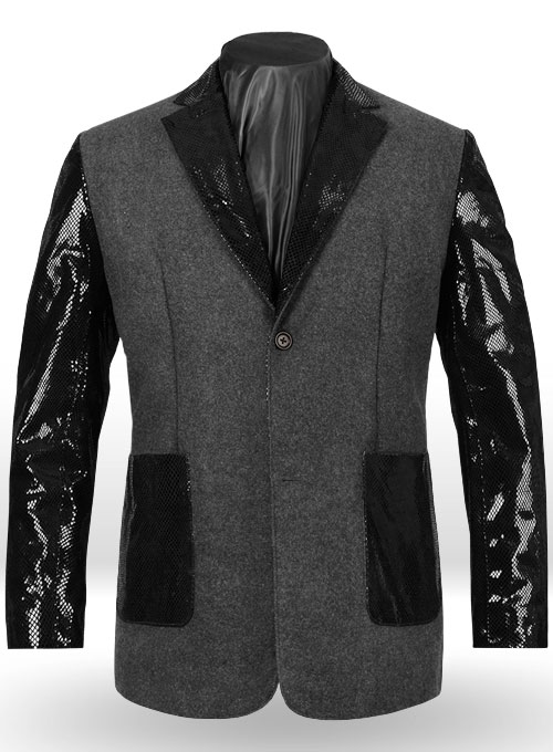 (image for) Vintage Plain Dark Gray Tweed Leather Combo Blazer # 652 - Click Image to Close