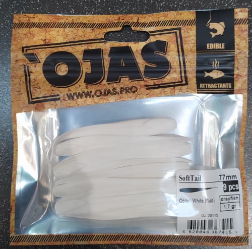 Приманка SoftTail77, White (fluo),9шт/пакет+блистер, аромат Рак-рыба,OJAS