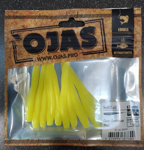 Приманка SoftTail67, Сhartreuse (fluo),10шт/пакет+блистер, аромат Рак-рыба,OJAS