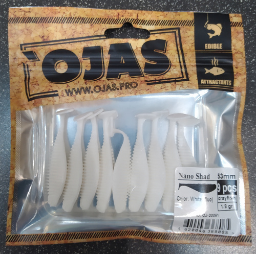 Приманка Nanoshad53, White (fluo),9шт/пакет+блистер, аромат Рак-рыба,OJAS