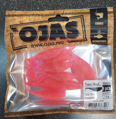 Приманка Nanoshad53, Pink tr,9шт/пакет+блистер, аромат Рак-рыба,OJAS