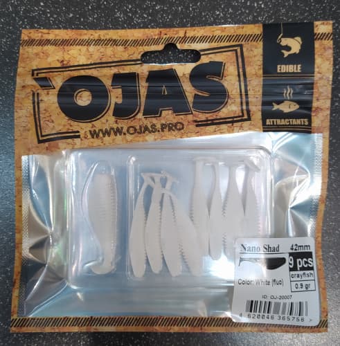 Приманка Nanoshad42, White (fluo),9шт/пакет+блистер, аромат Рак-рыба,OJAS