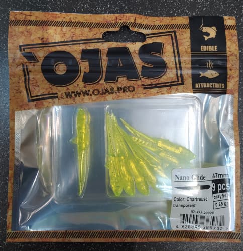 Приманка NanoGlide47, Chartreuse tr,9шт/пакет+блистер, аромат Рак-рыба,OJAS