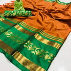 Snazzy Mustard And Green Color Designer Cotton Silk Saree 