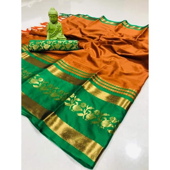 Snazzy Mustard And Green Color Designer Cotton Silk Saree 
