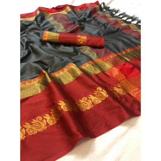 Flawless Grey And Red Color Designer Cotton Silk Saree 