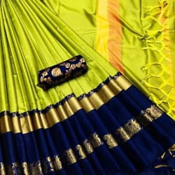 Flawless Lime And Navy Blue Color Designer Cotton Silk Saree 