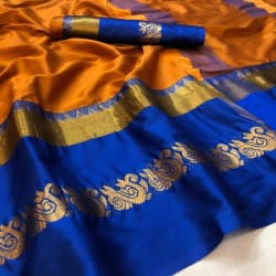 Sparkling Mustard And Blue Color Designer Cotton Silk Saree 