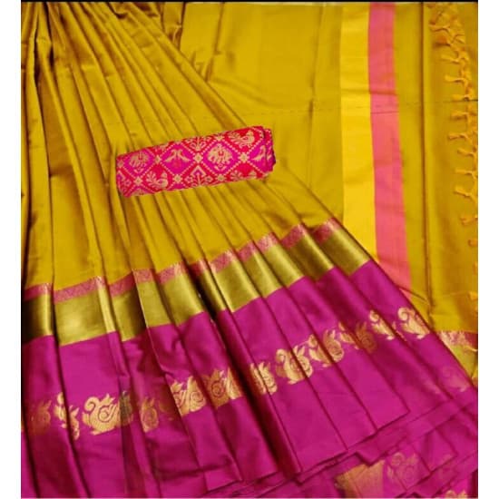 Spectacular Mustard And pink Color Designer Cotton Silk Saree 